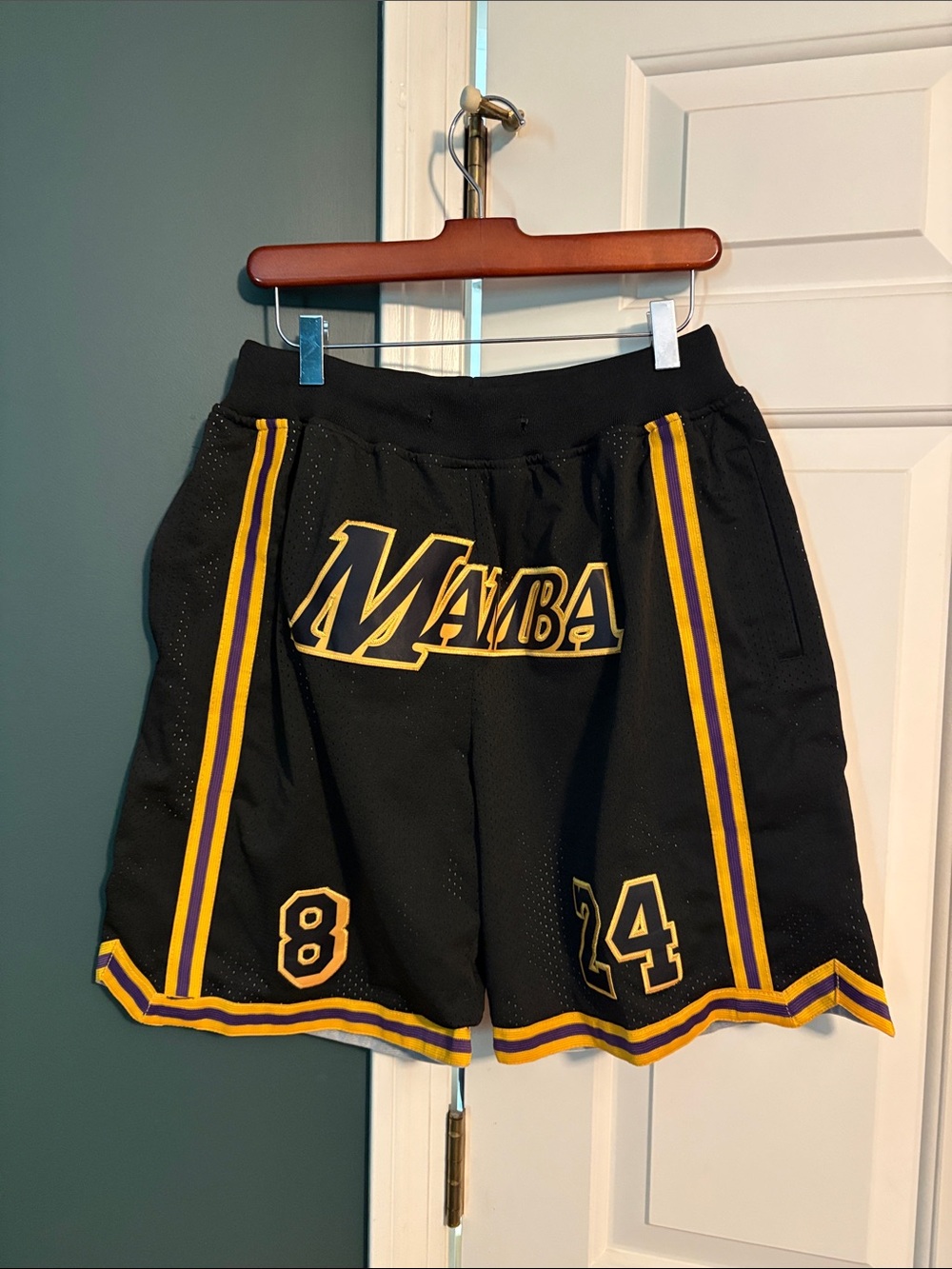 Mamba Men's Black Basketball Shorts with Purple & Gold Trim. Kobe Mamba